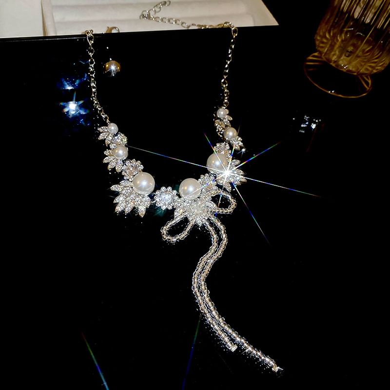 Ribbon Rhinestone Earring Drop Necklace /