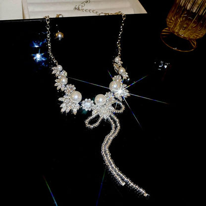 Ribbon Rhinestone Earring Drop Necklace /