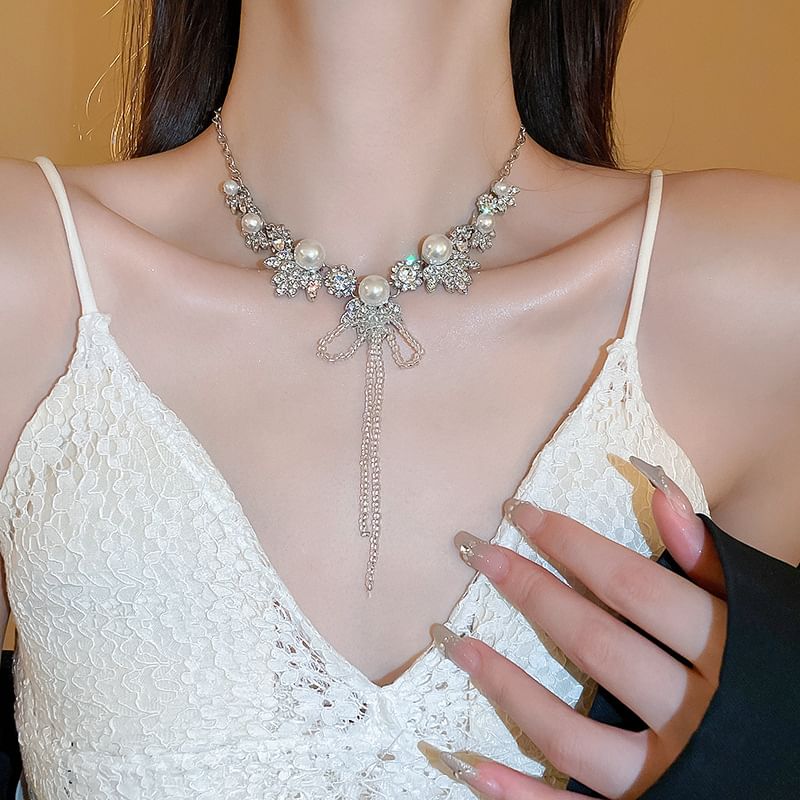 Ribbon Rhinestone Earring Drop Necklace /