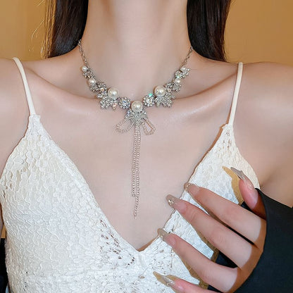 Ribbon Rhinestone Earring Drop Necklace /