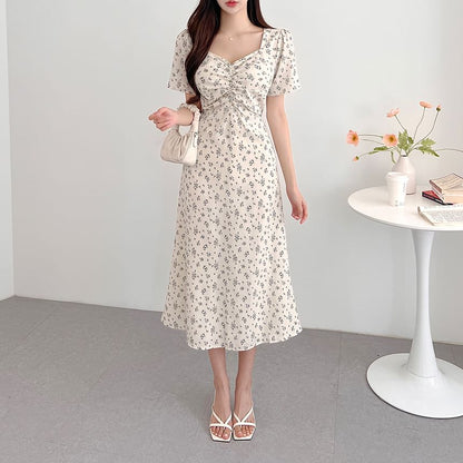 Short-Sleeve V-Neck Floral Maxi A-Line Dress