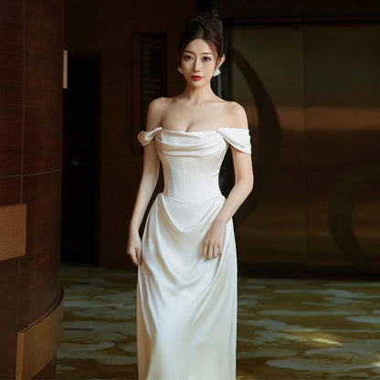 Off Shoulder Plain Mermaid Wedding Gown