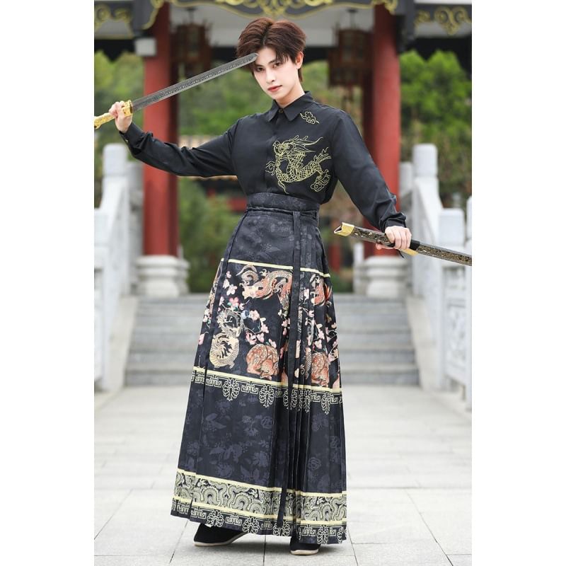 Dragon Embroidered Shirt / Dragon Print Maxi Ma Mian Skirt