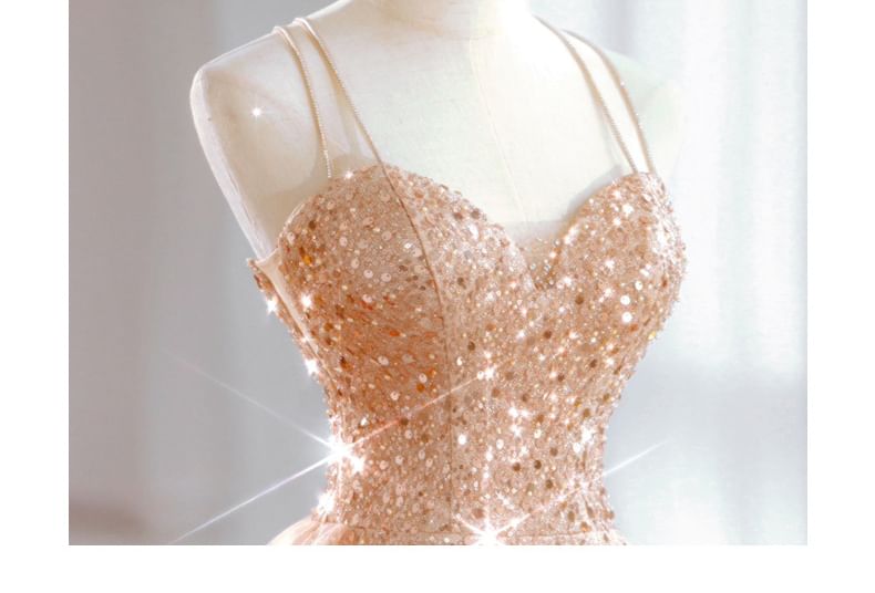 Spaghetti Strap Sequin Panel Mesh A-Line Evening Gown