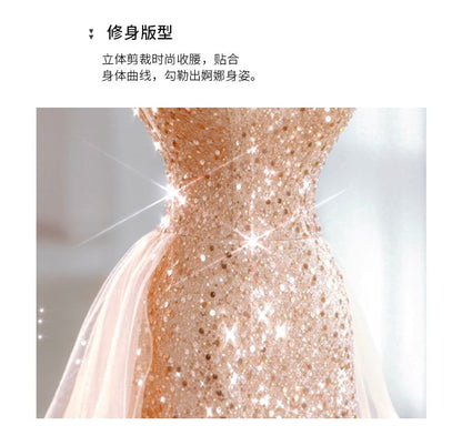 Spaghetti Strap Sequin Panel Mesh A-Line Evening Gown