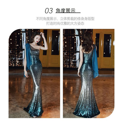 Sleeveless One Shoulder Sequin Gradient Mermaid Evening Gown