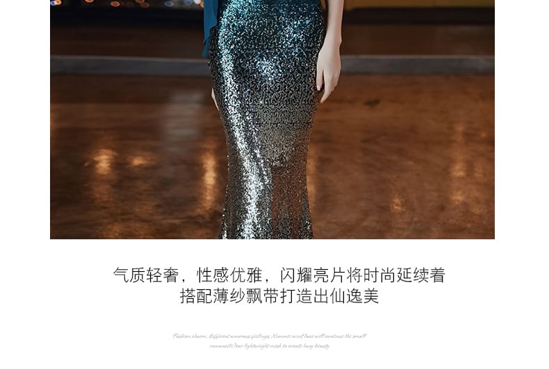 Sleeveless One Shoulder Sequin Gradient Mermaid Evening Gown