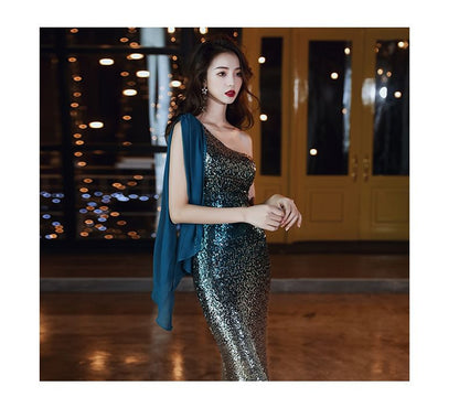 Sleeveless One Shoulder Sequin Gradient Mermaid Evening Gown