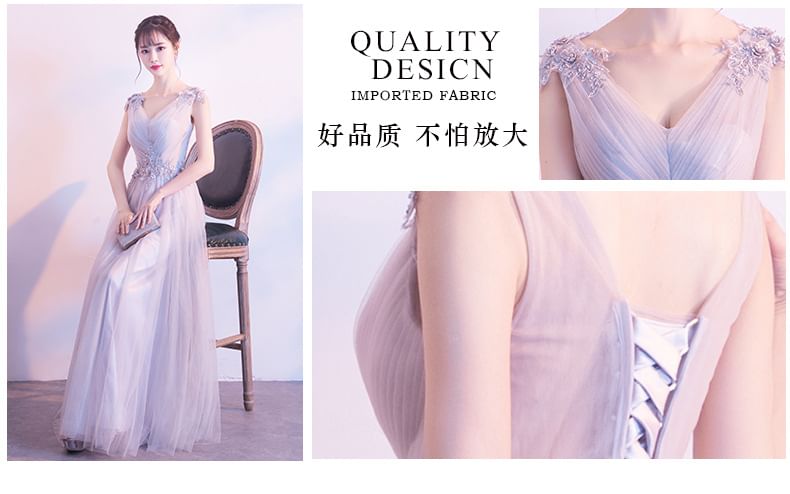 Mesh Cocktail Floral Plain Dress Applique Ruched V-Neck Evening A-Line Sleeveless / Gown Mini