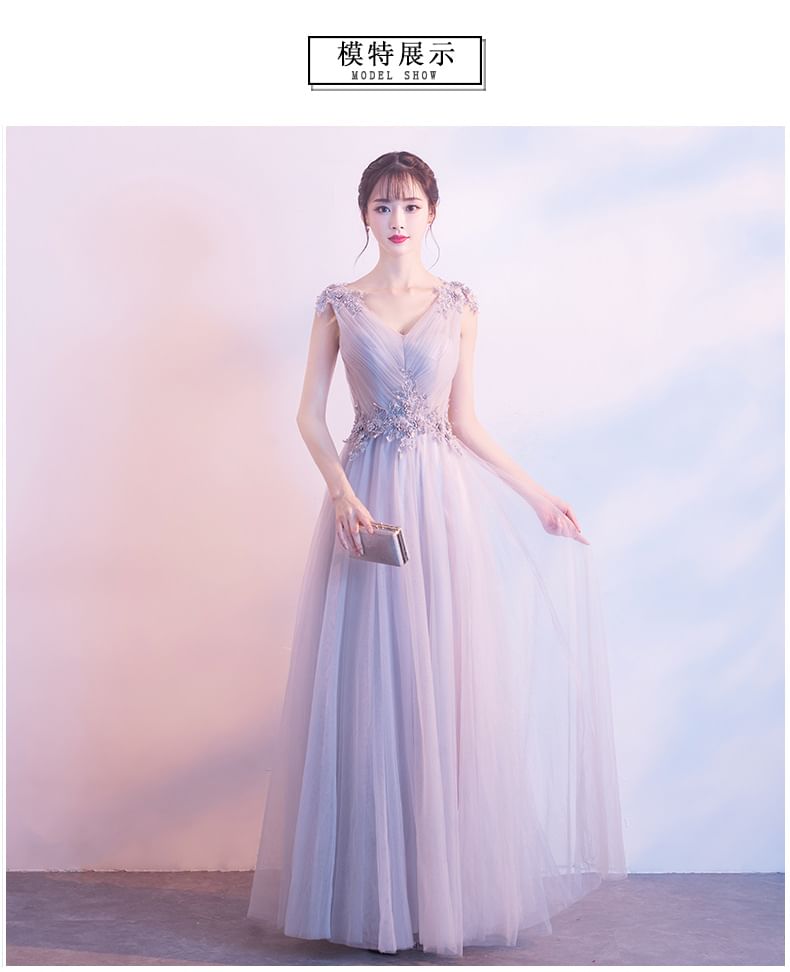 Mesh Cocktail Floral Plain Dress Applique Ruched V-Neck Evening A-Line Sleeveless / Gown Mini