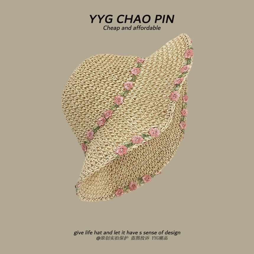 Straw Hat Embroidered Sun Floral