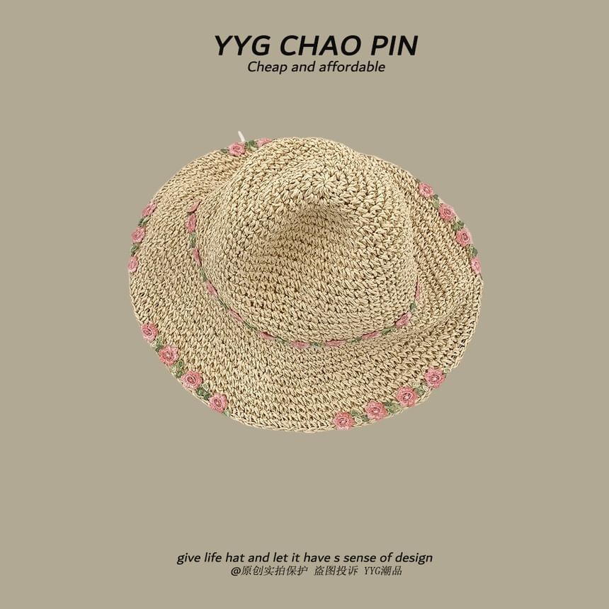 Straw Hat Embroidered Sun Floral