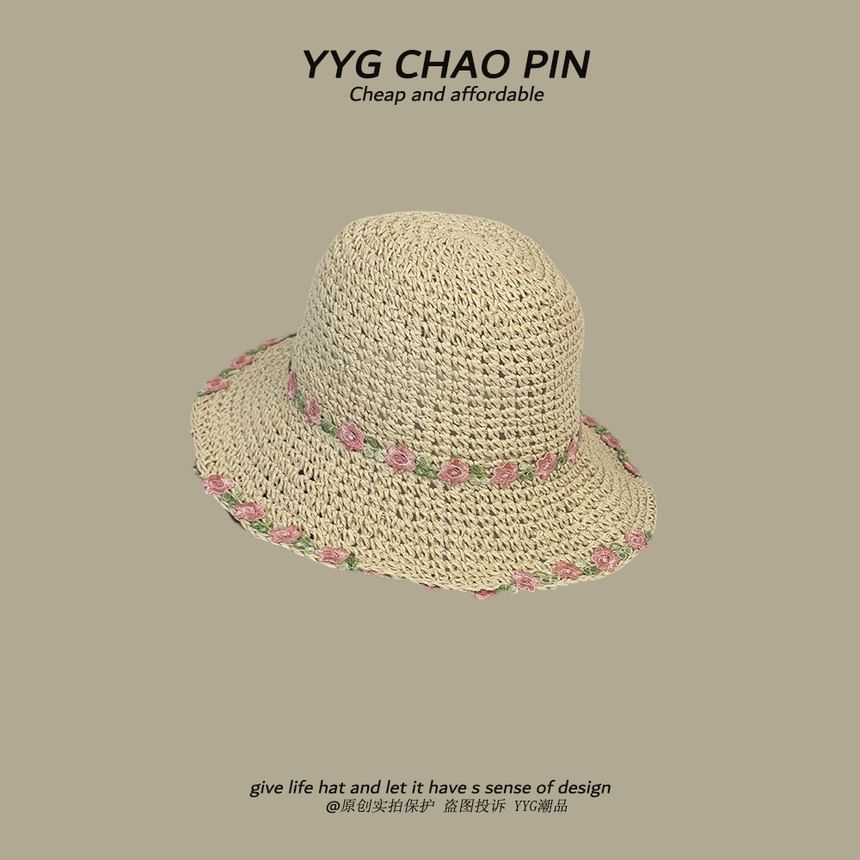 Straw Hat Embroidered Sun Floral