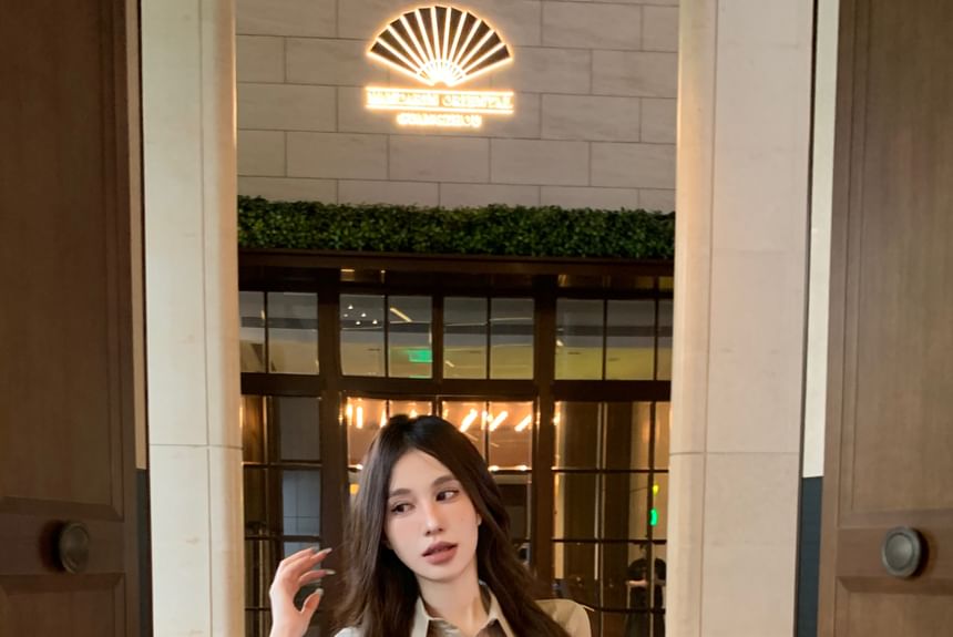 Plain Dress Mini Shirt Sheath Button-Up Ruched 3/4-Sleeve