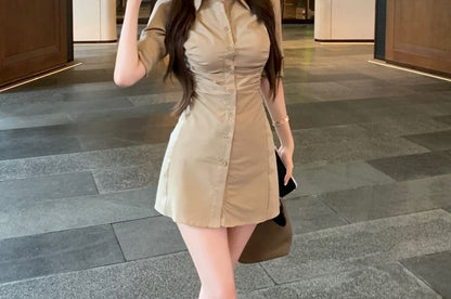 Plain Dress Mini Shirt Sheath Button-Up Ruched 3/4-Sleeve