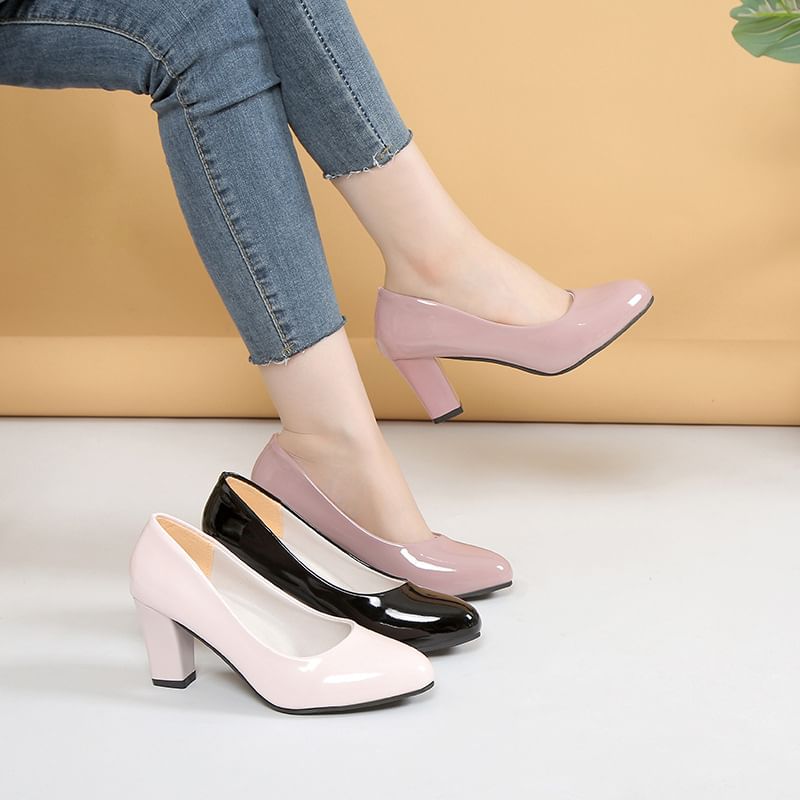 Block Patent Heel Pumps