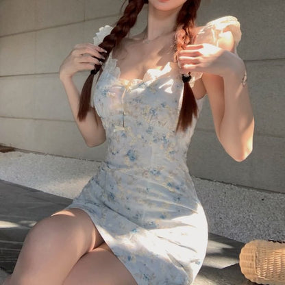 Sheath Neck Spaghetti Dress Floral Mini Scoop Strap