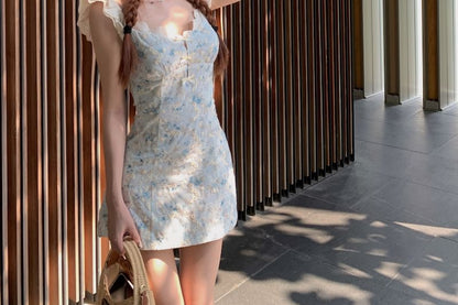 Sheath Neck Spaghetti Dress Floral Mini Scoop Strap