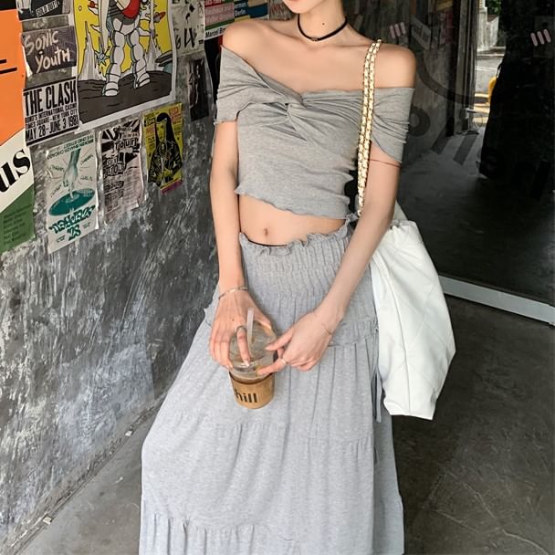 Rise Ruched Skirt / Plain Shoulder Midi Top A-Line Twist Off