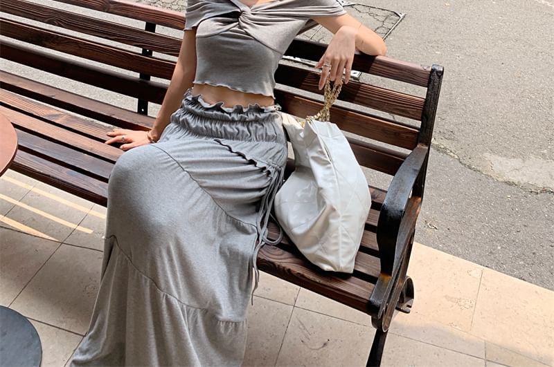 Rise Ruched Skirt / Plain Shoulder Midi Top A-Line Twist Off