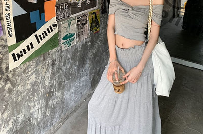 Rise Ruched Skirt / Plain Shoulder Midi Top A-Line Twist Off