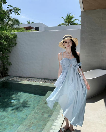 Midi A-Line Plain Spaghetti Dress Strap Asymmetrical