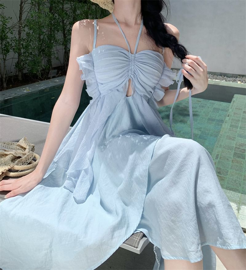 Midi A-Line Plain Spaghetti Dress Strap Asymmetrical