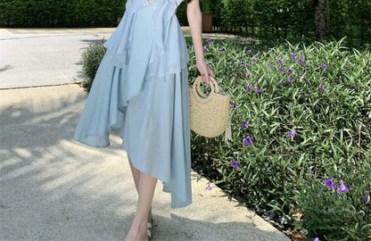 Midi A-Line Plain Spaghetti Dress Strap Asymmetrical