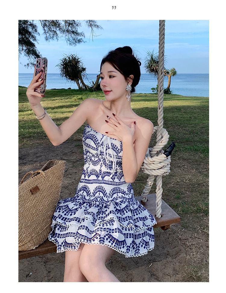 Embroidered Ruched Mini Dress Tube A-Line