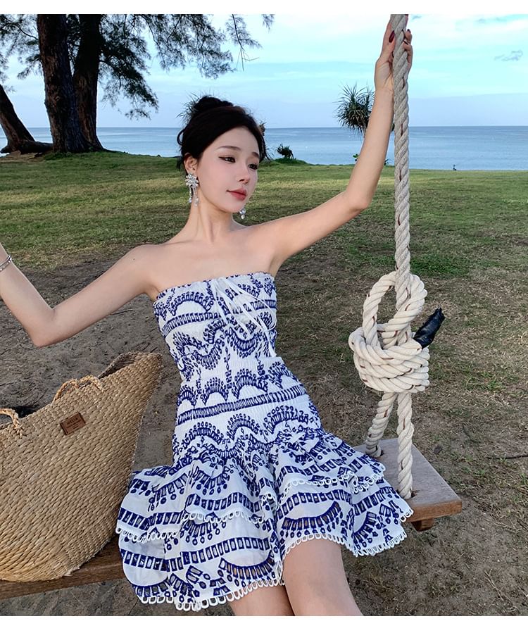 Embroidered Ruched Mini Dress Tube A-Line