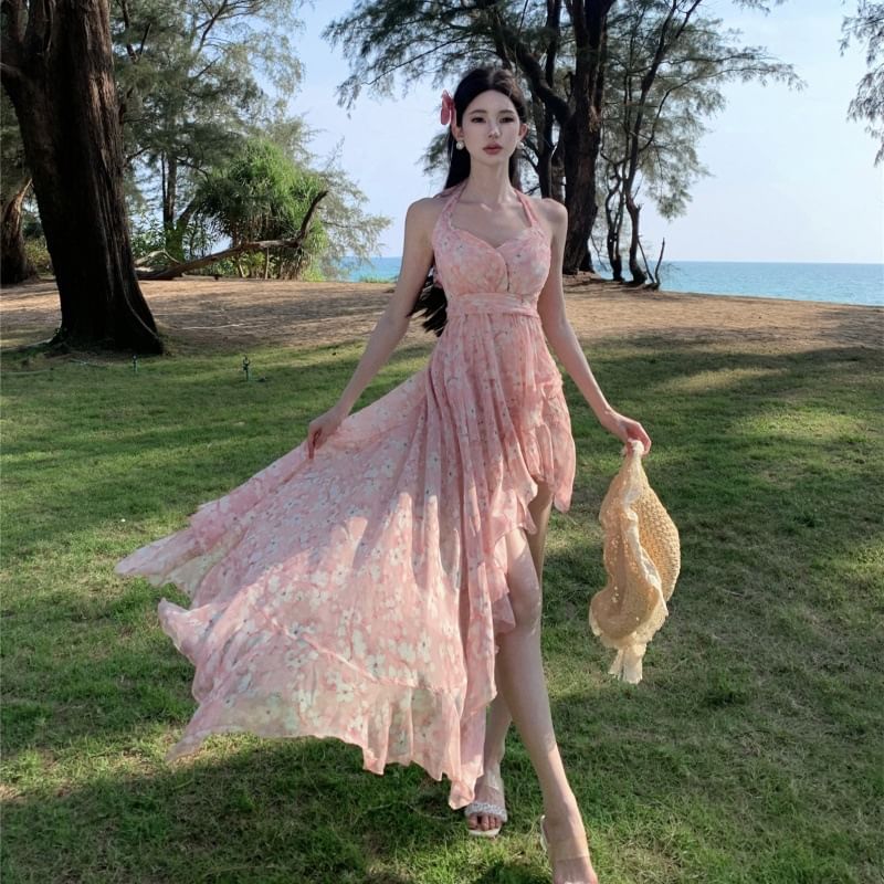 Ruffle Trim V-Neck Asymmetrical Open A-Line Dress Floral Ruched Print Back Halter