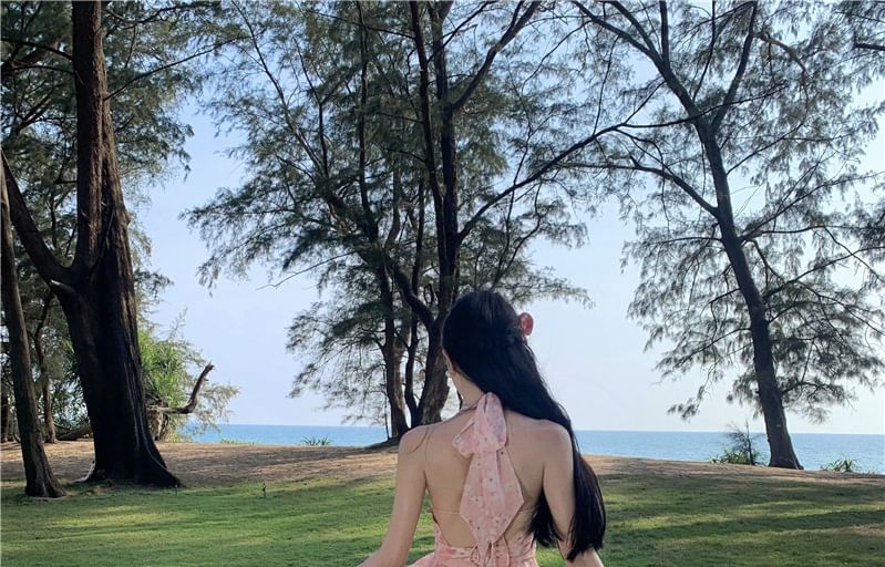 Ruffle Trim V-Neck Asymmetrical Open A-Line Dress Floral Ruched Print Back Halter