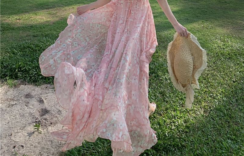 Ruffle Trim V-Neck Asymmetrical Open A-Line Dress Floral Ruched Print Back Halter