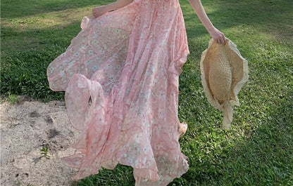 Ruffle Trim V-Neck Asymmetrical Open A-Line Dress Floral Ruched Print Back Halter