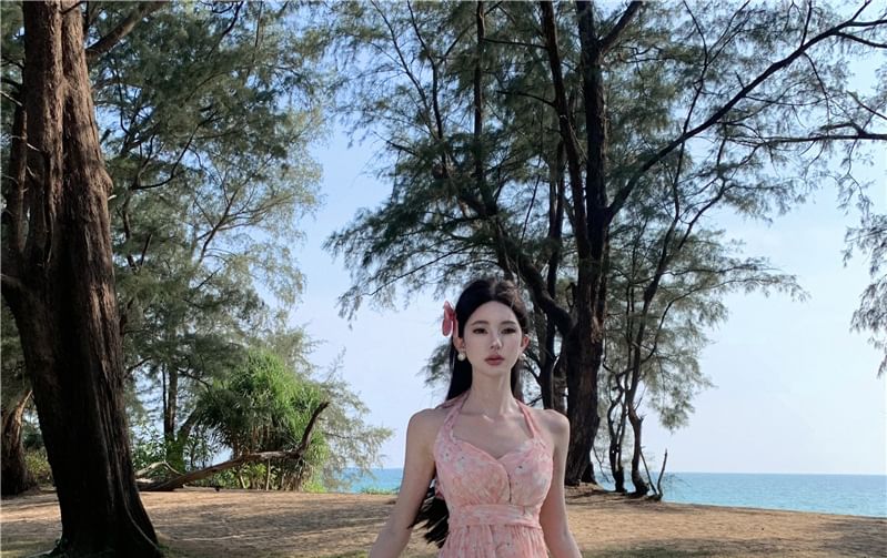 Ruffle Trim V-Neck Asymmetrical Open A-Line Dress Floral Ruched Print Back Halter