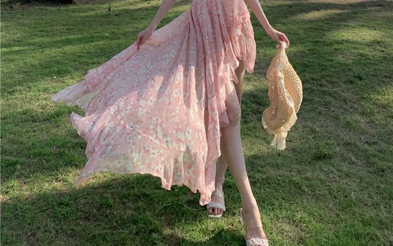 Ruffle Trim V-Neck Asymmetrical Open A-Line Dress Floral Ruched Print Back Halter