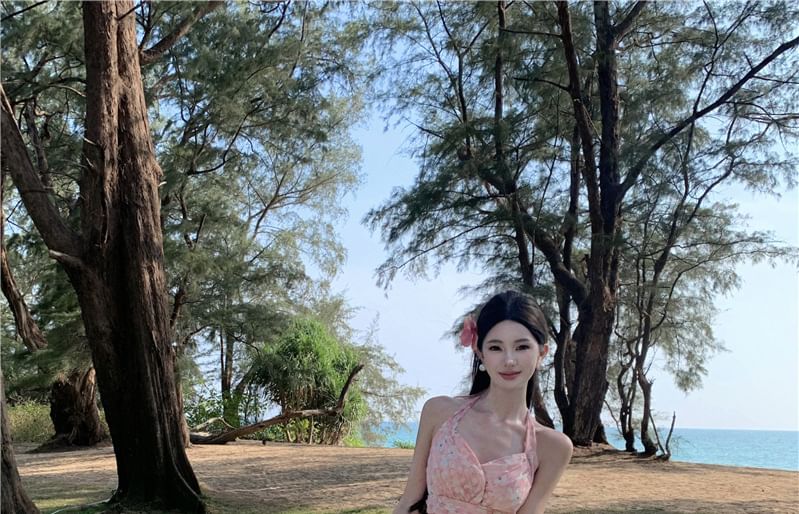 Ruffle Trim V-Neck Asymmetrical Open A-Line Dress Floral Ruched Print Back Halter