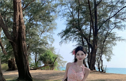 Ruffle Trim V-Neck Asymmetrical Open A-Line Dress Floral Ruched Print Back Halter