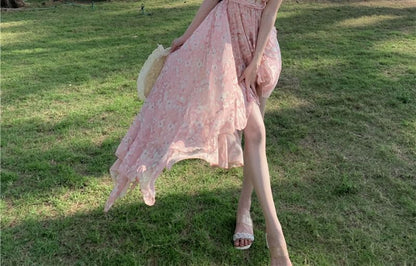 Ruffle Trim V-Neck Asymmetrical Open A-Line Dress Floral Ruched Print Back Halter