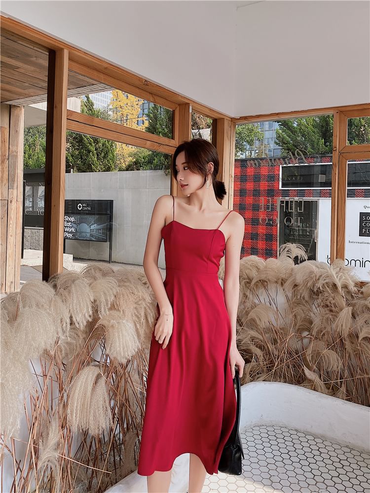 Midi Spaghetti Strap Dress A-Line Plain V-Neck Back Open