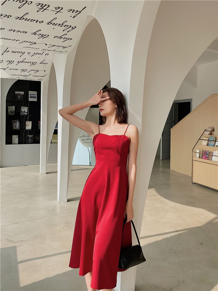 Midi Spaghetti Strap Dress A-Line Plain V-Neck Back Open