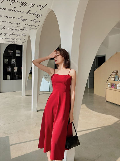 Midi Spaghetti Strap Dress A-Line Plain V-Neck Back Open