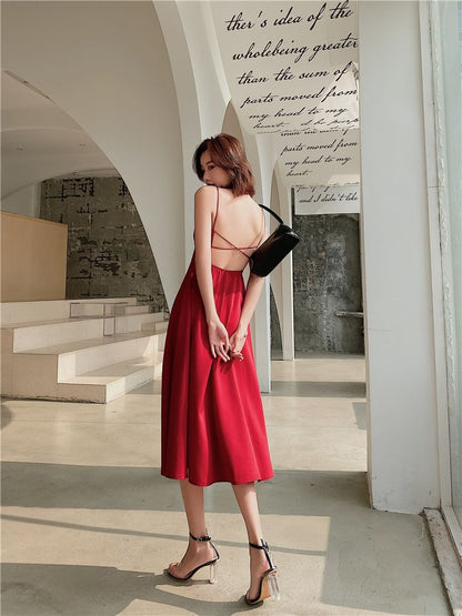 Midi Spaghetti Strap Dress A-Line Plain V-Neck Back Open