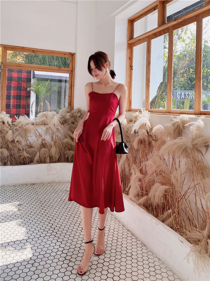 Midi Spaghetti Strap Dress A-Line Plain V-Neck Back Open