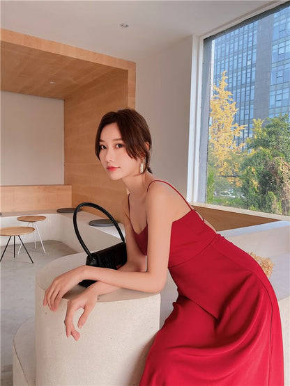 Midi Spaghetti Strap Dress A-Line Plain V-Neck Back Open