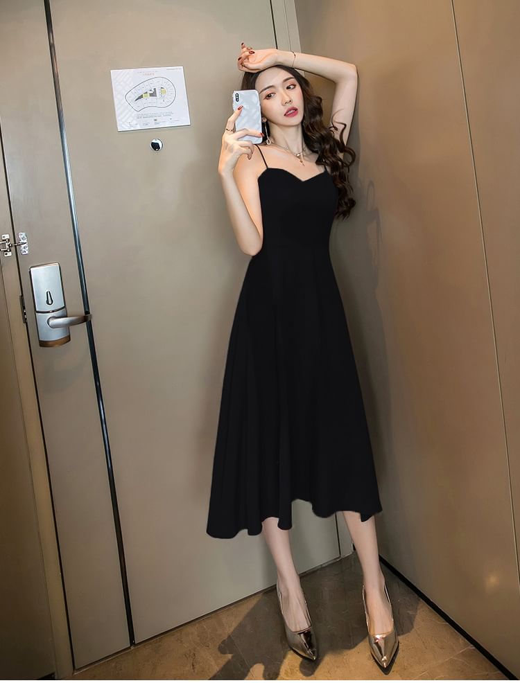 Midi Spaghetti Strap Dress A-Line Plain V-Neck Back Open
