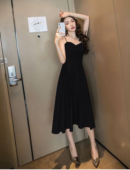 Midi Spaghetti Strap Dress A-Line Plain V-Neck Back Open