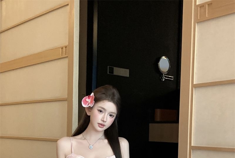 Print Spaghetti Strap A-Line Dress Maxi Floral Ruched V-Neck