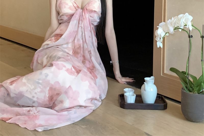 Print Spaghetti Strap A-Line Dress Maxi Floral Ruched V-Neck