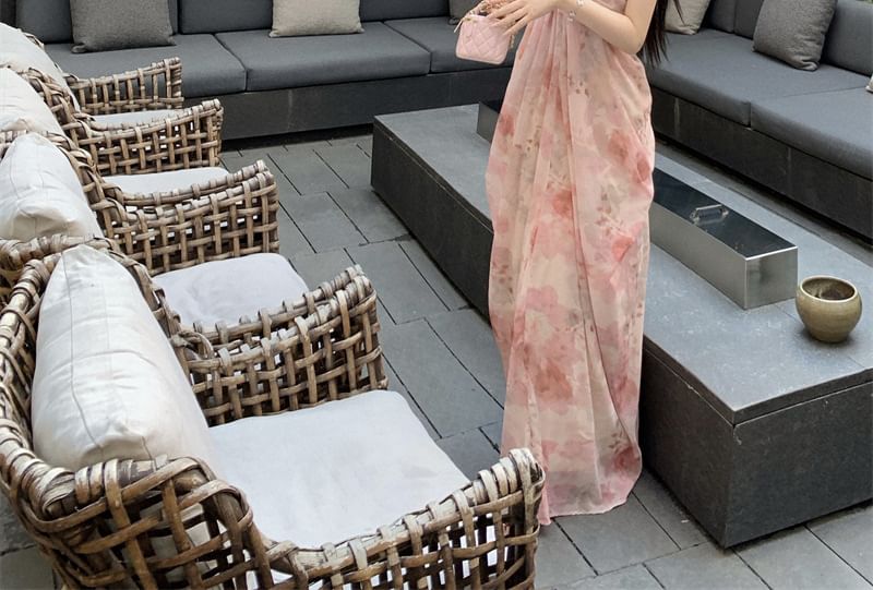 Print Spaghetti Strap A-Line Dress Maxi Floral Ruched V-Neck